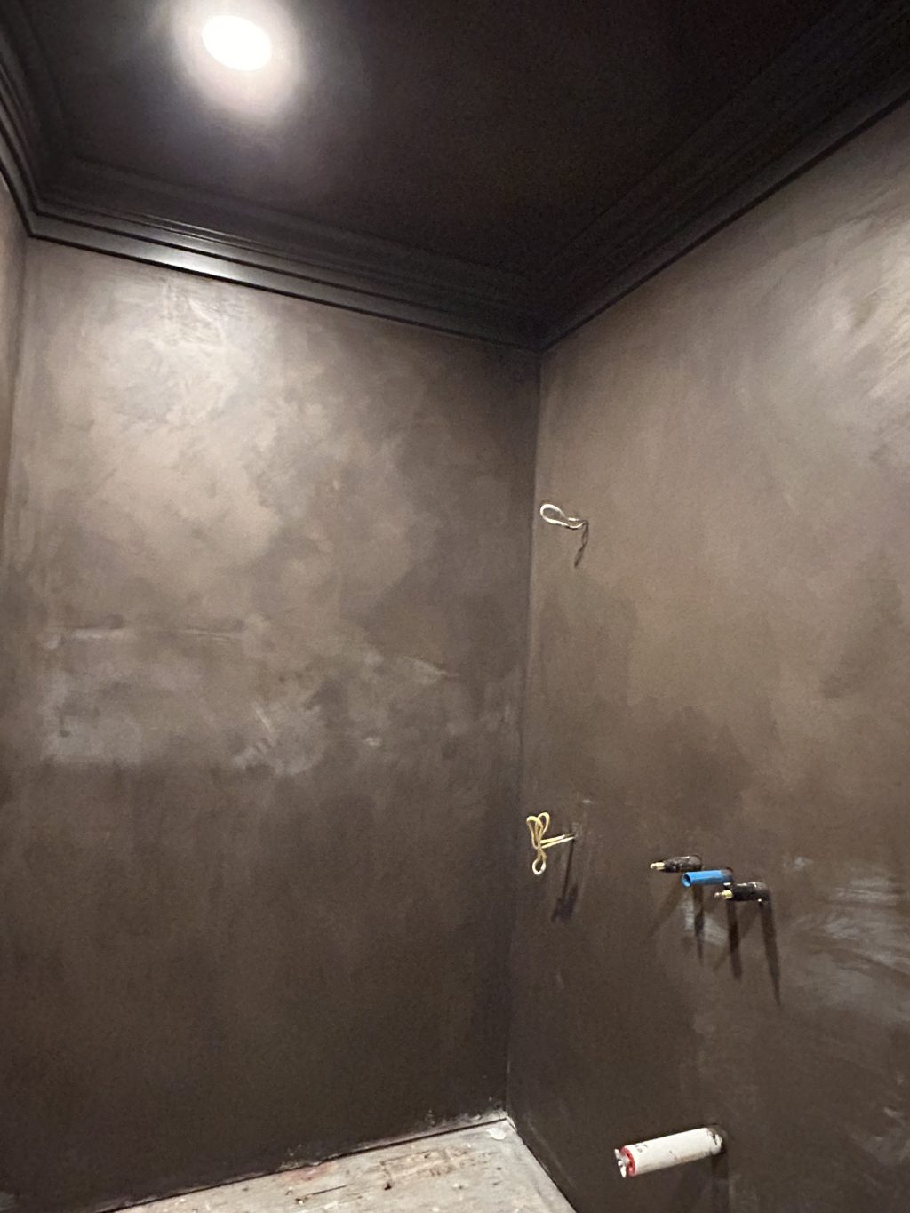 Powder room with dark troweled plaster walls and crown molding, ready for fixtures